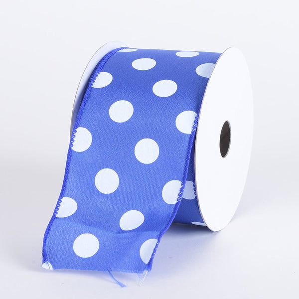 Satin Polka Dot Ribbon Wired Royal Blue with White Dots ( W: 2 - 1/2 Inch | L: 10 Yards ) BBCrafts.com