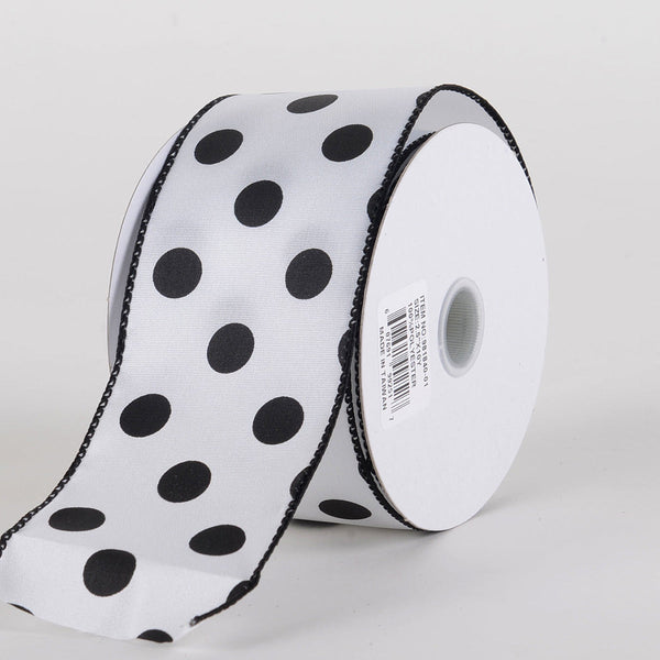 Satin Polka Dot Ribbon Wired White with Black Dots ( W: 2 - 1/2 Inch | L: 10 Yards ) BBCrafts.com