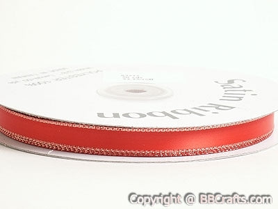 Satin Ribbon Lurex Edge Red With Gold Edge ( 1/4 Inch | 50 Yards ) BBCrafts.com
