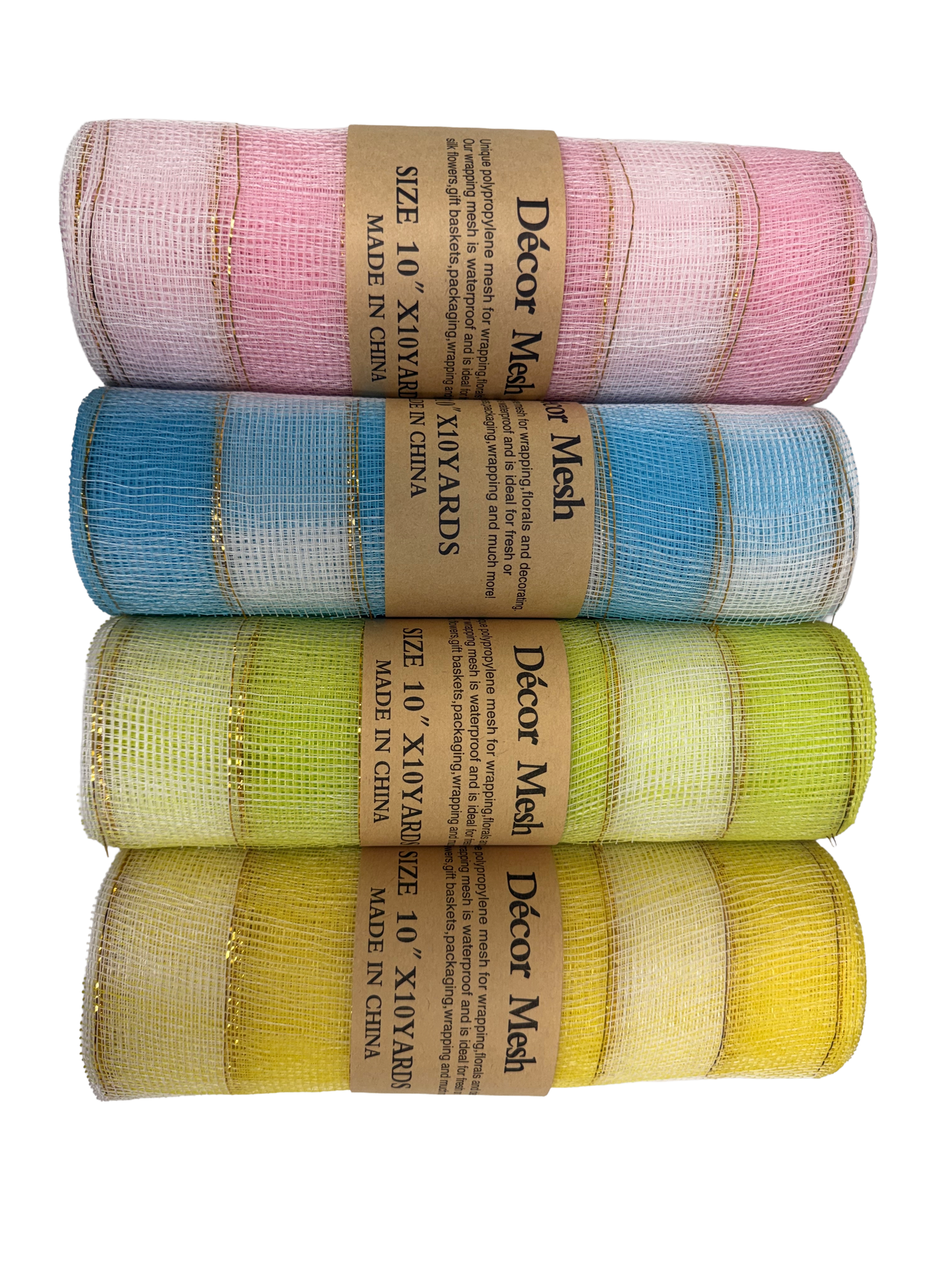 10 Inch x 10 Yards Poly Deco Mesh - Light Blue, Yellow, Light Pink & Apple Green - Pack of 4
