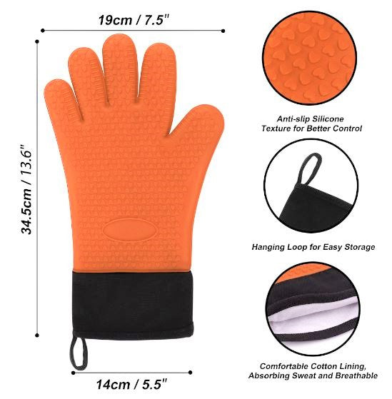 Silicone Oven Mitts Heat Resistant Gloves Kitchen Gloves 1 Pair Orange BBCrafts.com