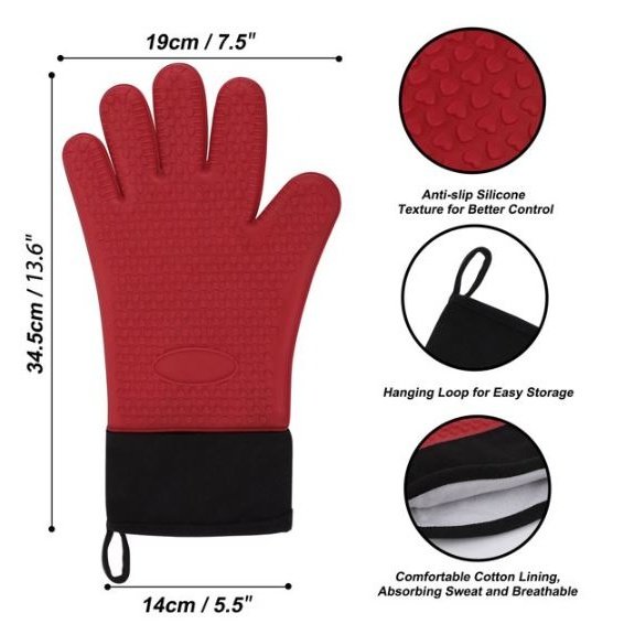 Silicone Oven Mitts Heat Resistant Gloves Kitchen Gloves 1 Pair Red BBCrafts.com
