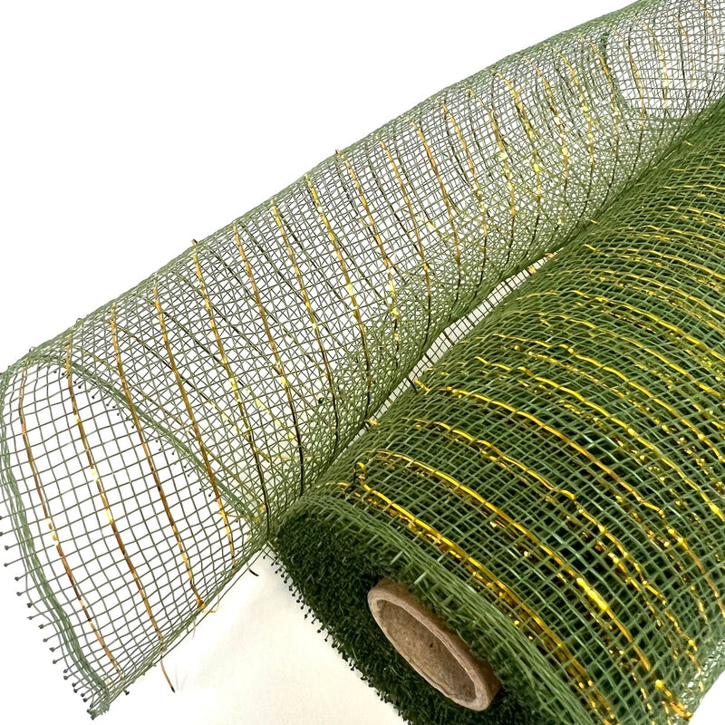 Spring Moss with Gold Lines - Deco Mesh Wrap Metallic Stripes - ( 10 Inch x 10 Yards ) BBCrafts.com