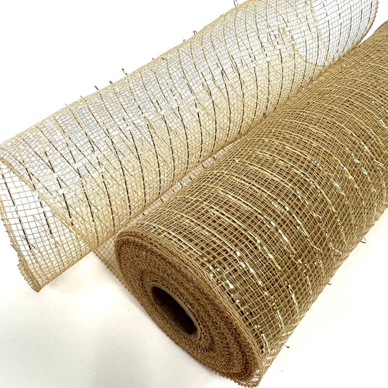 Tan - Deco Mesh Wrap Metallic Stripes - ( 10 Inch x 10 Yards ) BBCrafts.com
