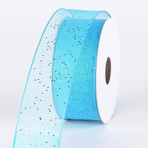 Turquoise - Organza Ribbon with Glitters Wired Edge - ( W: 5/8 Inch | L: 25 Yards ) BBCrafts.com