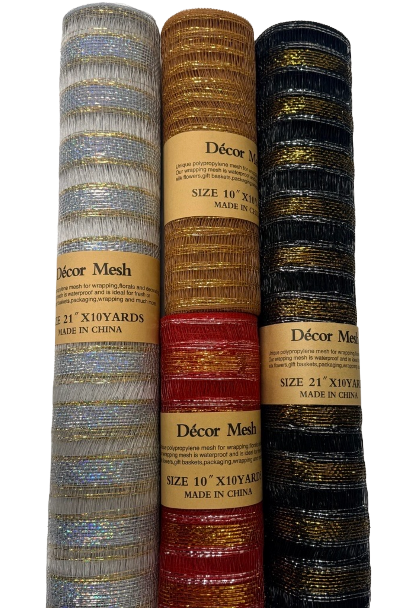 10" / 21" x 10 Yards - Deco Mesh Eyelash Metallic Stripes - Red, Old Gold, Silver, Black - Pack of 4
