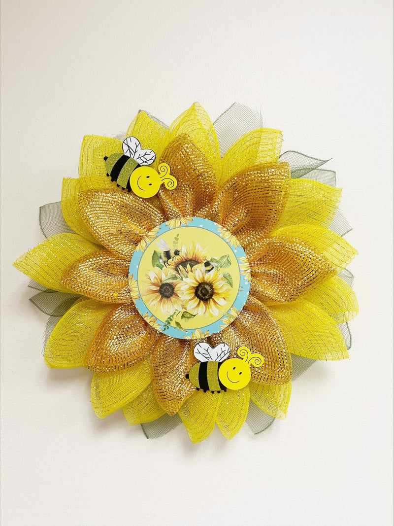 Golden Glow Sunflower Bee Wreath - Made by Designer Leah