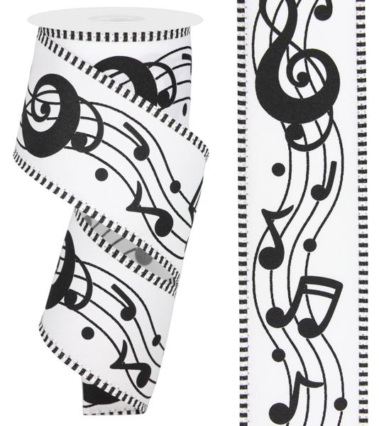 White Black - Bold Music Notes Stripe Edge Ribbon - ( 2-1/2 Inch | 10 Yards ) BBCrafts.com