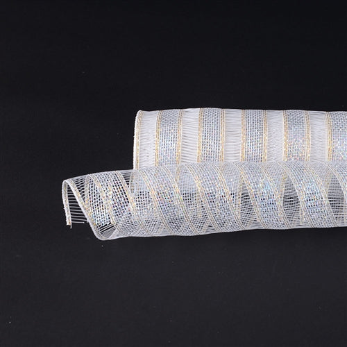 White - Deco Mesh Eyelash Metallic Stripes - (21 Inch x 10 Yards) BBCrafts.com