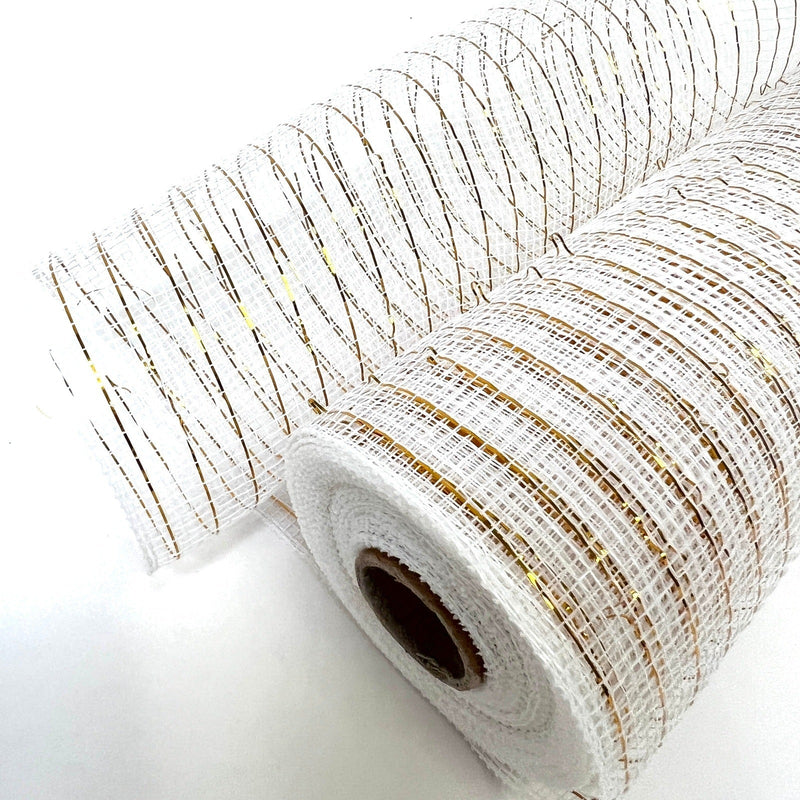 White with Gold - Deco Mesh Wrap Metallic Stripes - ( 10 Inch x 10 Yards ) BBCrafts.com