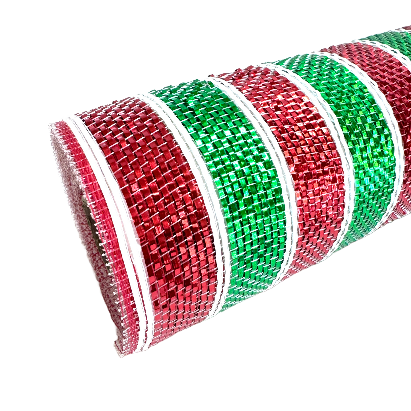 Apple Green with Red Lines - Poly Deco Mesh with Laser Mono Stripe - ( 10 Inch x 10 Yards )