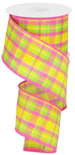 Yellow Hot Pink & Lime - Woven Check Wired Edge Ribbon - ( 2-1/2 Inch | 10 Yards ) BBCrafts.com