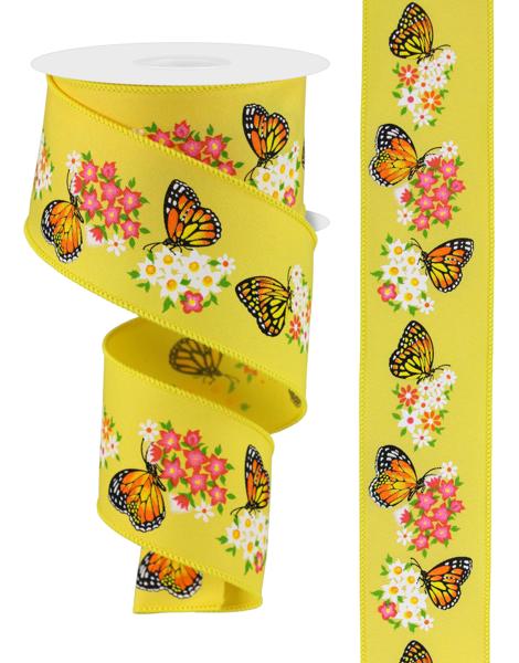 Yellow Multi - Butterfly With Flowers Ribbon - ( 2-1/2 Inch | 10 Yards ) BBCrafts.com