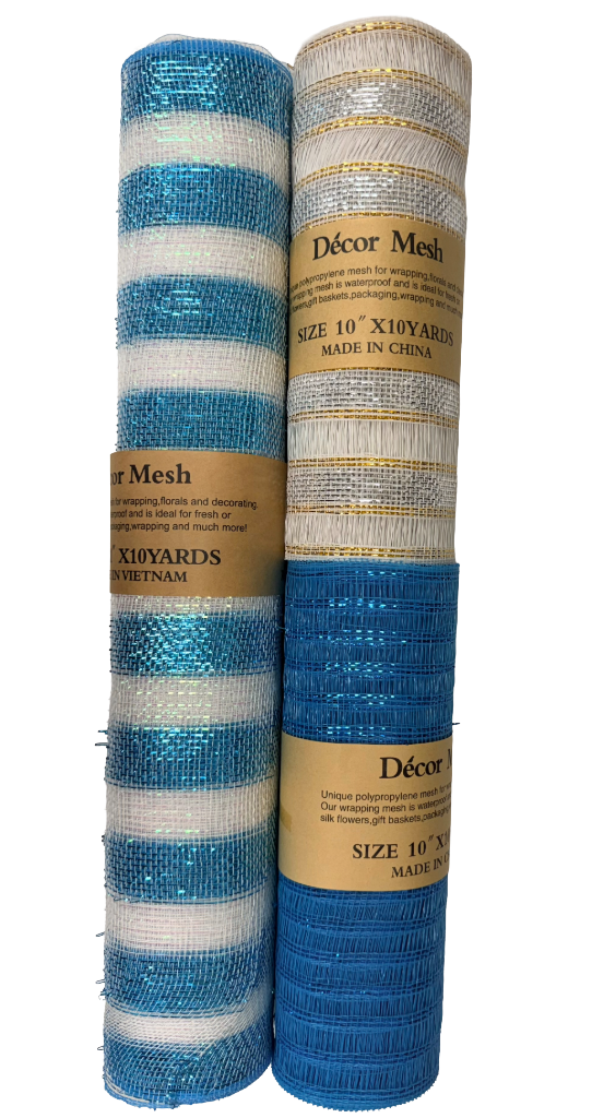 21 Inch & 10 Inch x 10 Yards Poly Deco Mesh Blue & White, Turquoise, White - Pack of 3
