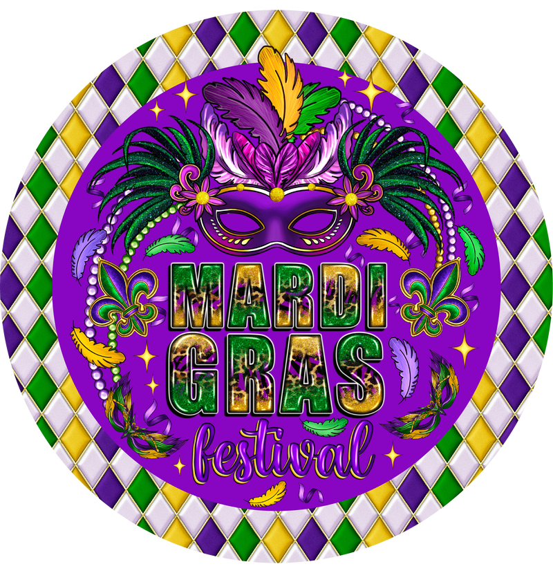 Mardi Gras Festival Eye Mask with Feather Metal Sign - Made In USA