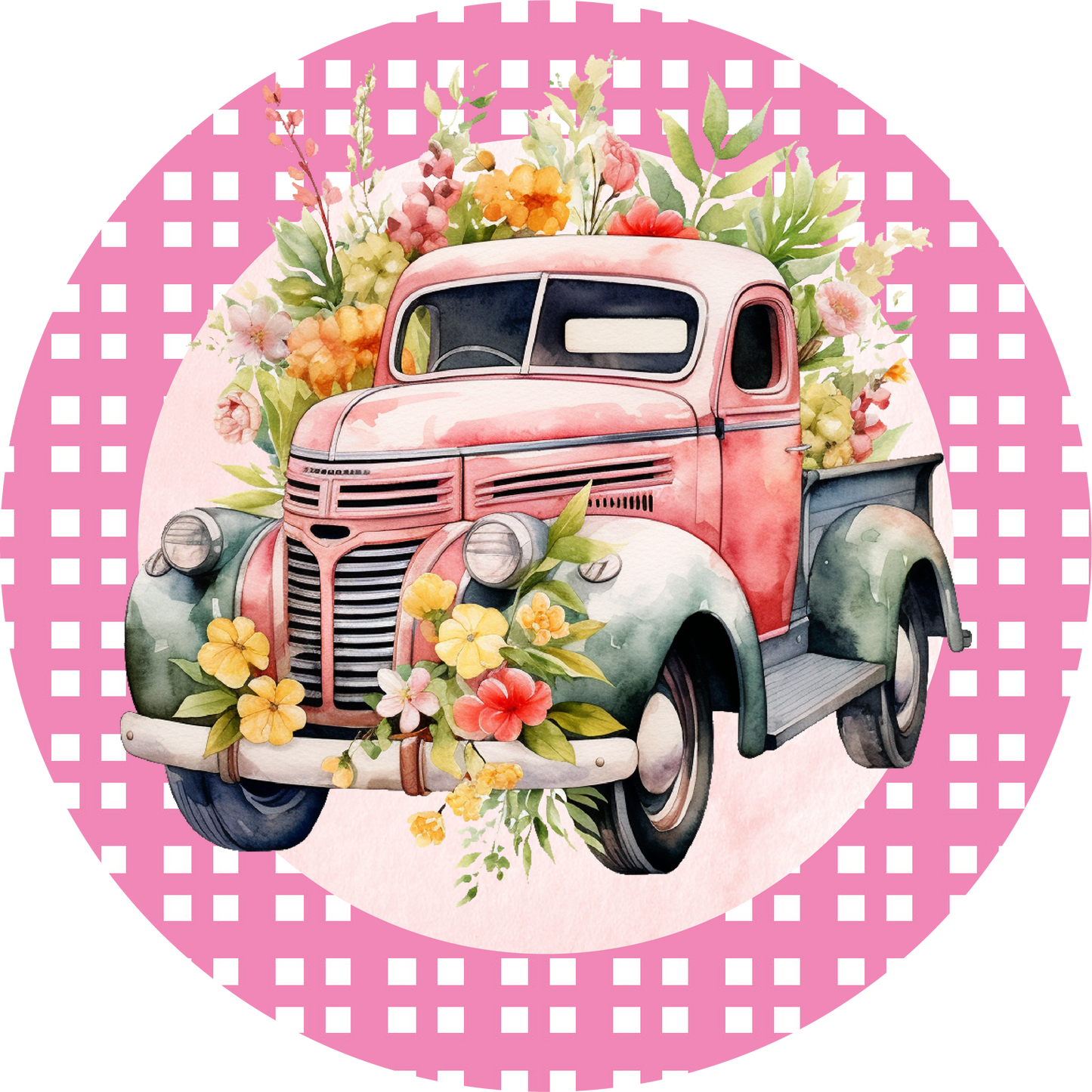 Spring Pink Truck with Flowers Metal / Vinyl Sign - Made in USA