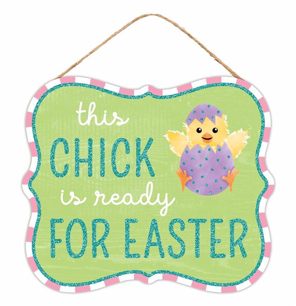 10.5 Inch L x 9 Inch H - Chick Is Ready Easter Glitter Sign - White Pink Lavender Green Yellow