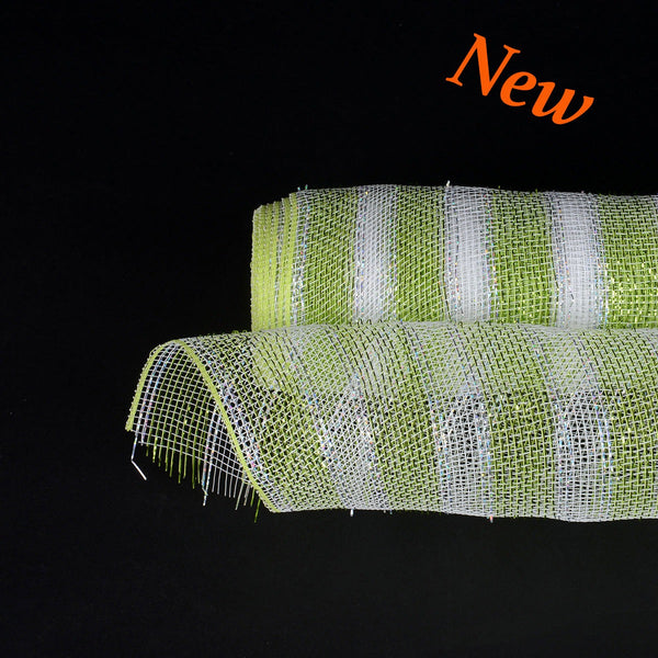 Apple Green with Silver Lines - Poly Deco Mesh Wreath Material with Laser Mono Stripe - 21 Inch x 10 Yards