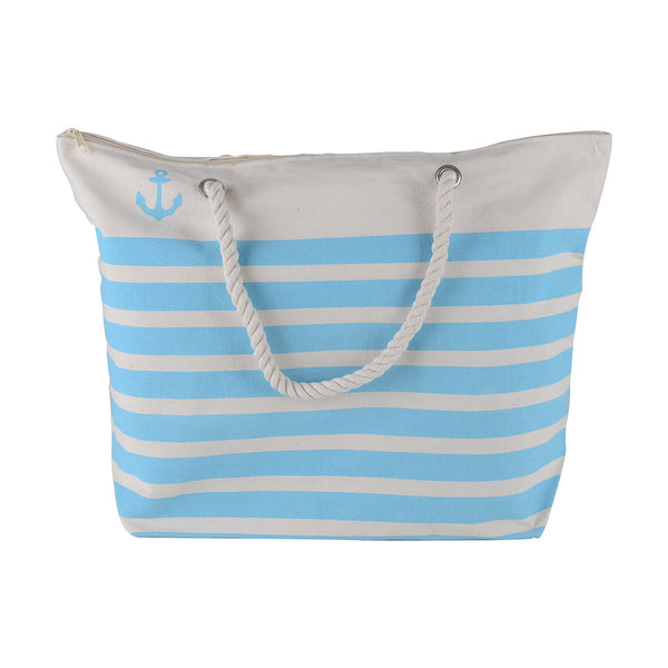 Canvas Beach Tote Bag - Baby Blue Striped - 21 Inch x 15 Inch - Women Swim Pool Bag Large Tote