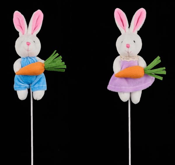 6-1/2 Inch H Rabbit with Carrot Pick, 15-1/2 Inch Oal 2 Asst - White Lavender Blue