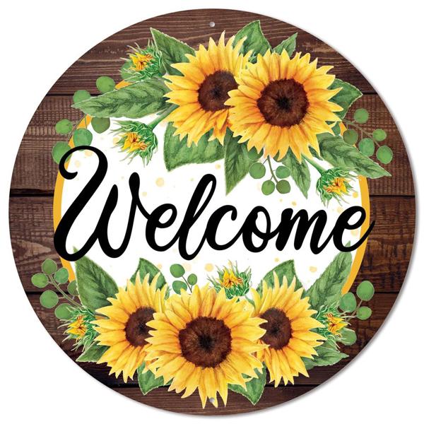 12 Inch Dia Welcome with Sunflower with Wood Border - Yellow Moss Brown White Black