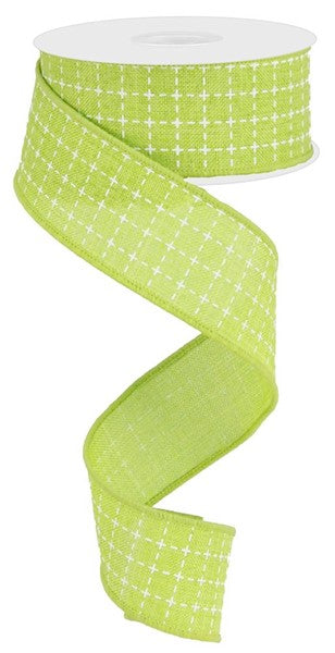 Lime White - Raised Stitched Squares Royal Ribbon - 1-1/2 Inch x 10 Yards