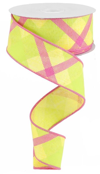 Pre-Order Now Ship On 16th May - Yellow Lime Green Hot Pink - Printed Plaid On Royal Ribbon - 1-1/2 Inch x 10 Yards