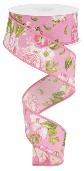 Rose Green Pink - Floral Ribbon - 1-1/2 Inch x 10 Yards