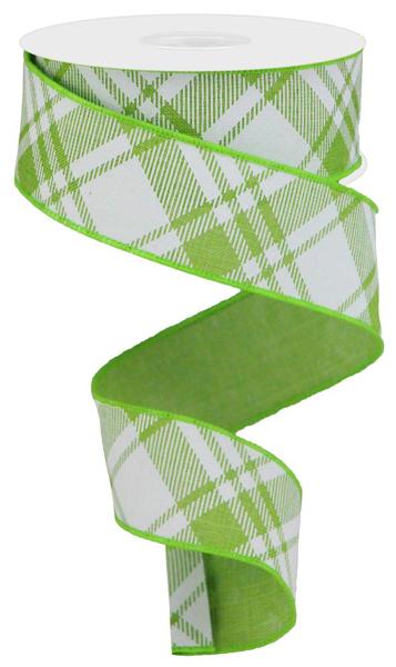 Lime Green White - Diagonal Stripe Multi Check Ribbon - 1-1/2 Inch x 10 Yards