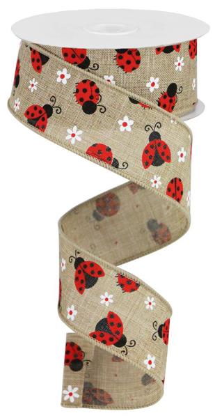 Light Beige Red White - Mini Ladybugs On Royal Ribbon - 1-1/2 Inch x 10 Yards
