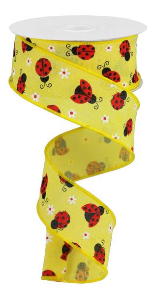 Pre-Order Now Ship On 16th May - Yellow Red White - Mini Ladybugs On Royal Ribbon - 1-1/2 Inch x 10 Yards
