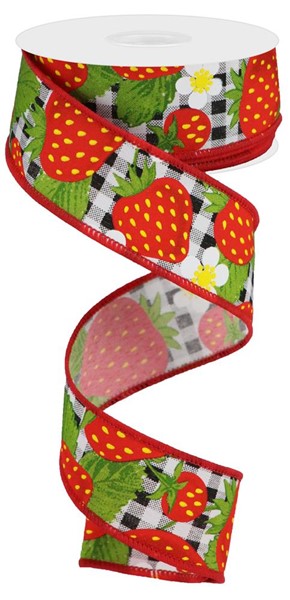 Pre-Order Now Ship On 16th May - Black White Red - Strawberries On Check Ribbon - 1-1/2 Inch x 10 Yards