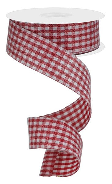 Pre-Order Now Ship On 16th May - Red White - Glitter On Woven Gingham Check Ribbon - 1-1/2 Inch x 10 Yards