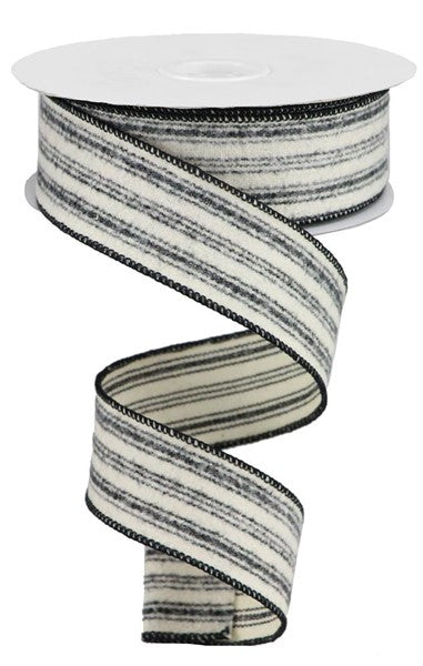 Black Beige - Fuzzy Ticking/Stripe Ribbon - 1-1/2 Inch x 10 Yards