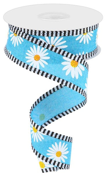 Pre-Order Now Ship On 16th May - Turquoise White Yellow Orange - Daisy On Royal/Stripe Ribbon - 1-1/2 Inch x 10 Yards