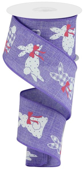 Lavender White Pink - Patterned Bunnies On Royal Ribbon - 2-1/2 Inch x 10 Yards