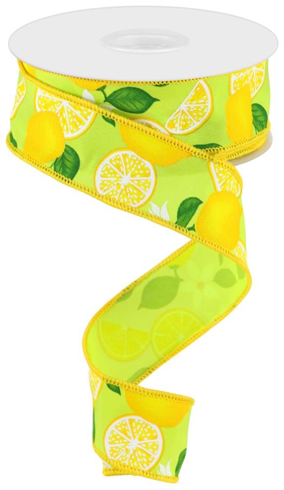 Pre-Order Now Ship On 16th May - Apple Green Yellow Green - Lemon W/Leaves/Flowers Ribbon - 1-1/2 Inch x 10 Yards