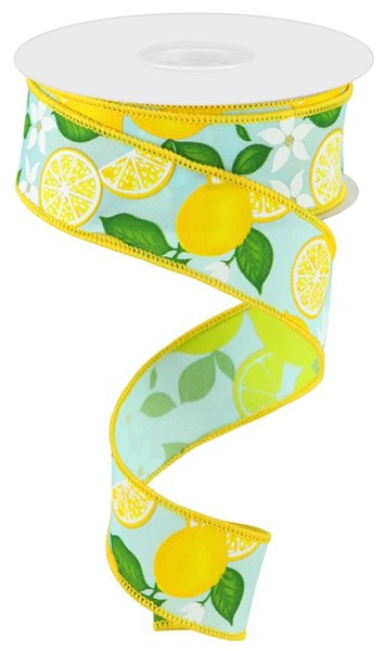 Soft Turq Yellow Green - Lemon with Leaves Flowers Ribbon - 1-1/2 Inch x 10 Yards