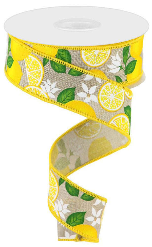 Pre-Order Now Ship On 16th May - Natural Yellow Green - Lemon W/Leaves/Flowers/Ryl Ribbon - 1-1/2 Inch x 10 Yards