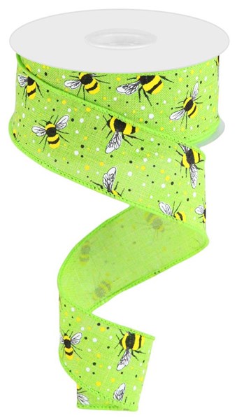 Pre-Order Now Ship On 16th May - Lime Yellow White Black - Bumble Bee On Royal Ribbon - 1-1/2 Inch x 10 Yards