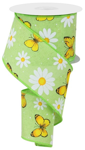 Pre-Order Now Ship On 16th May - Brt Green White Yellow Gld Black - Butterfly Daisy On Royal Ribbon - 2-1/2 Inch x 10 Yards