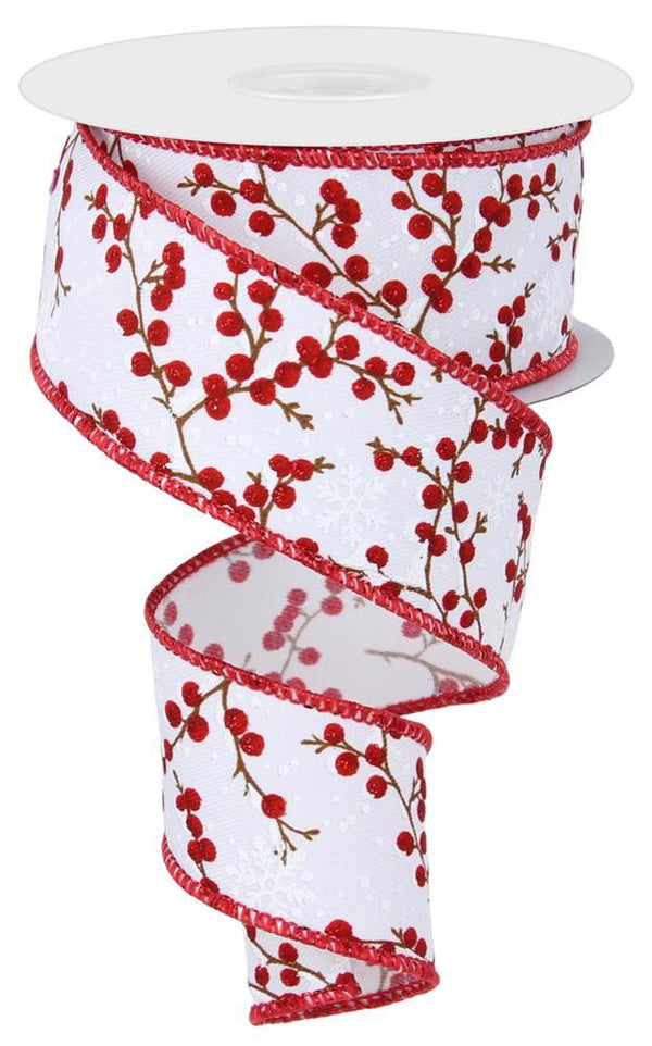 White Red Brown - Berry Branches W/Snow Ribbon - 1-1/2 Inch x 10 Yards