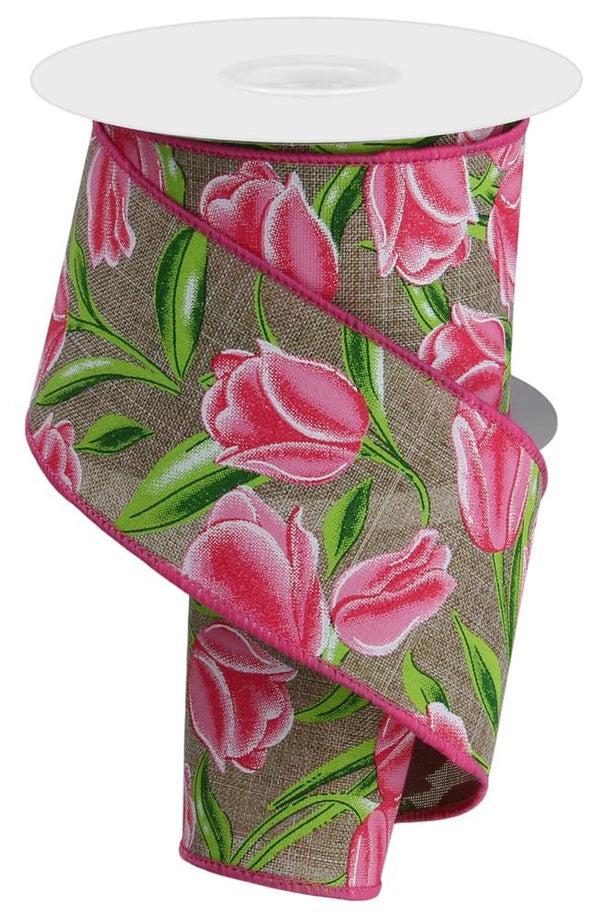 Pre-Order Now Ship On 16th May - Light Beige White TT Pink TT Green - Tulips On Royal Ribbon - 2-1/2 Inch x 10 Yards