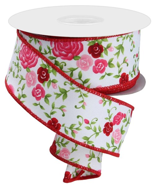 Pre-Order Now Ship On 16th May - White Pink Red Green - Mini Roses Ribbon - 1-1/2 Inch x 10 Yards