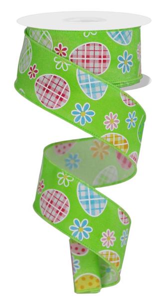 1.5 Inch Daisy Flower Canvas Ribbon With Wired Edge - 10 Yard Roll In Lime Green, White & Yellow Print