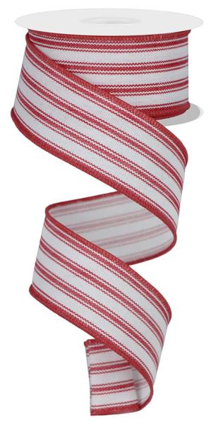 White Dark Red - Ticking Stripe Ribbon - 1-1/2 Inch x 10 Yards