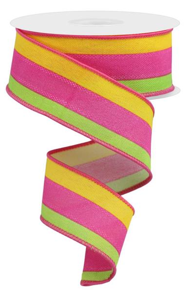 Pre-Order Now Ship On May 30th 2024 - Yellow Hot Pink Lime - Faux 3-In-1 Vertical Stripe Ribbon - 1-1/2 Inch x 10 Yards