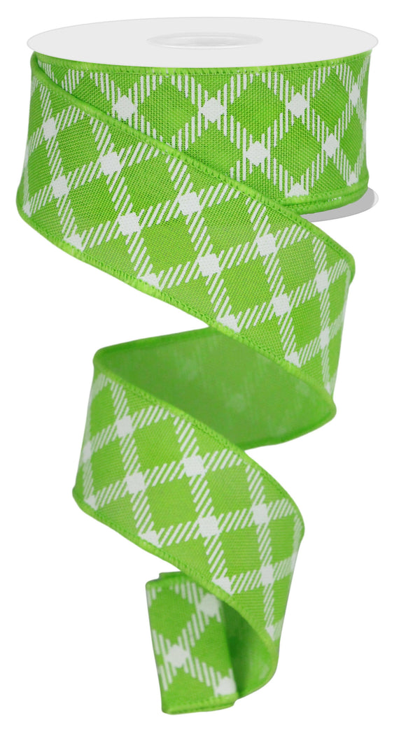 Fresh Green White - Diamnd Check/Faux Royal Burlap Ribbon - 1-1/2 Inch x 10 Yards