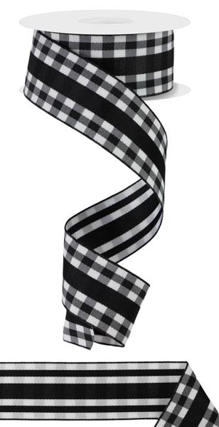 Black White - Mini Gingham W/Center Stripe Ribbon - 1-1/2 Inch x 10 Yards