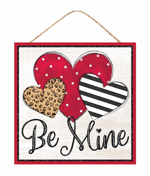 10 Inch Sq - Be Mine Hearts Glitter Sign - Black White Red Tan BBCrafts.com